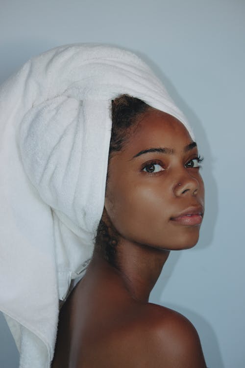 Pretty Woman with White Towel on Head