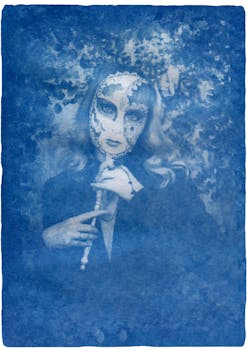 Artistic cyanotype of a woman in a mask, creating a mysterious atmosphere.