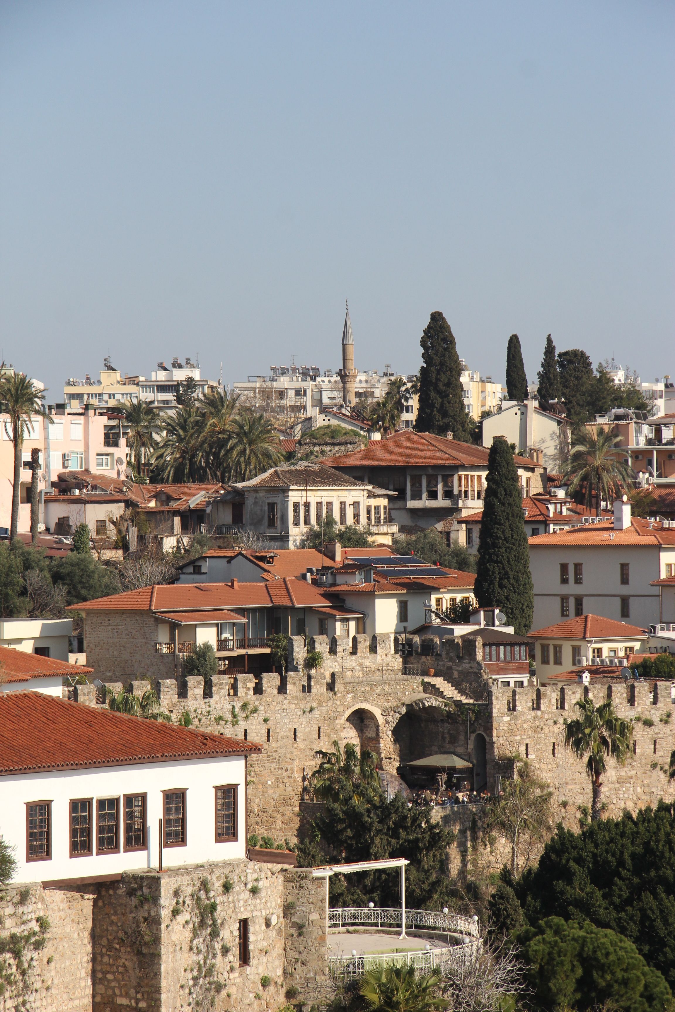 Historic Kaleici rooftops and minaret in central Antalya, Turkey, a classic city sight reachable from Antalya Airport for a what-to-see section.