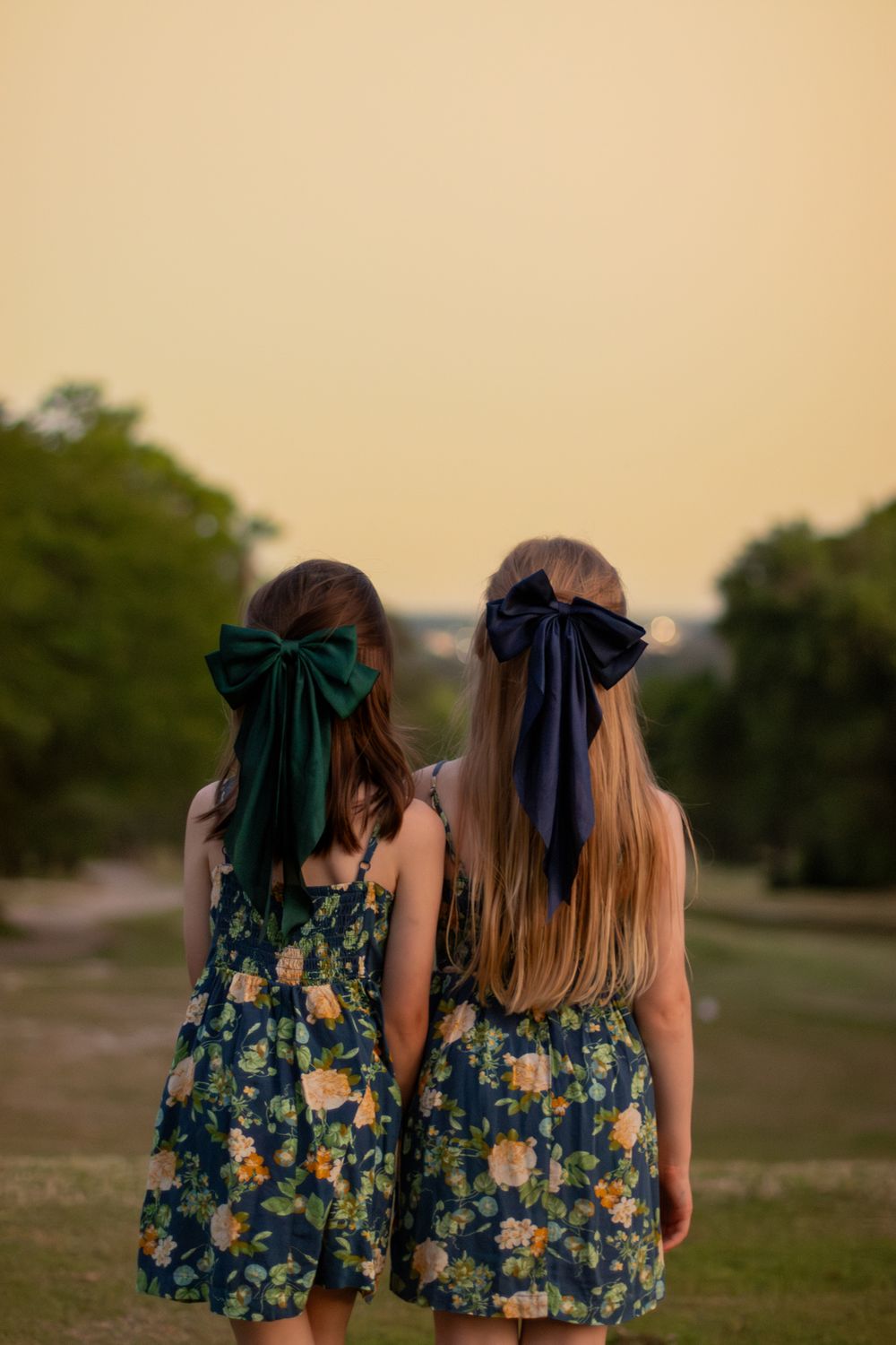 Two Girls with Bows in Floral Dresses Outdoors · Free Stock Photo