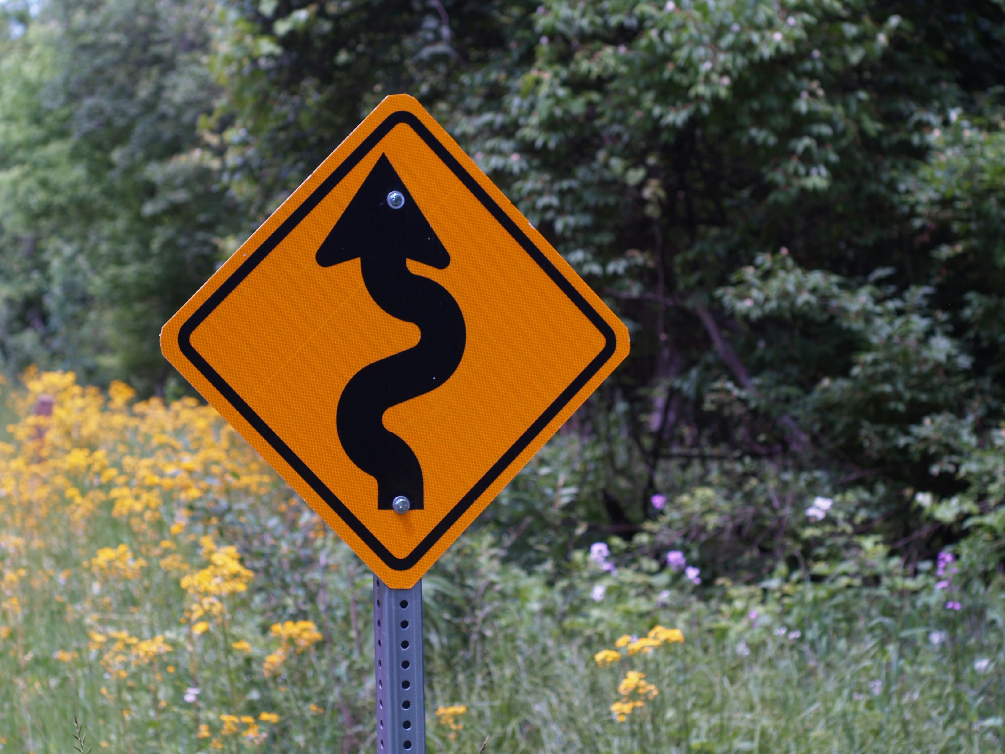 Yellow curvy road sign surrounded by wildflowers and greenery.