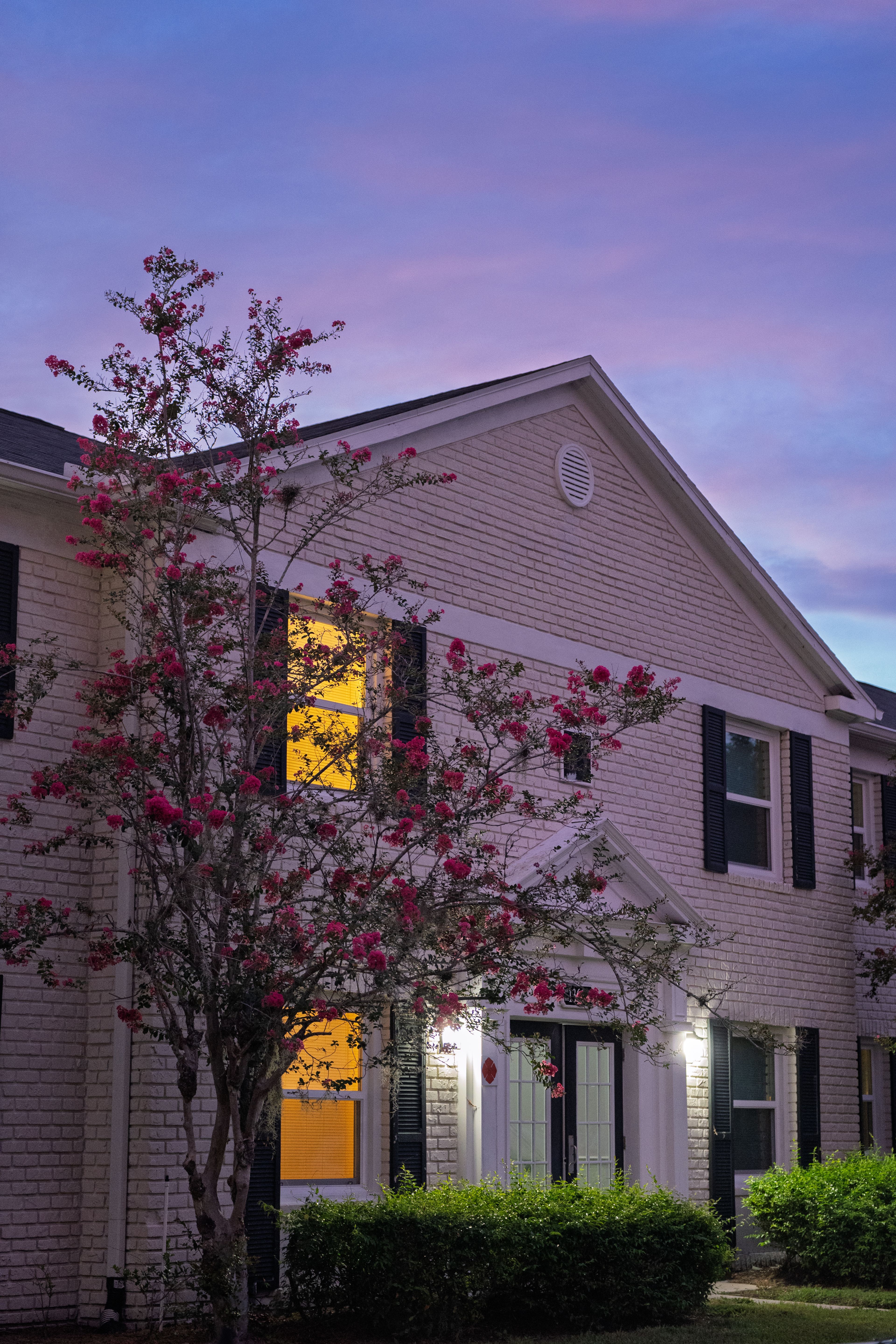 White-brick townhouse at twilight behind a flowering crepe myrtle