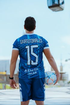 Soccer player holding a ball, wearing a blue jersey with number 15, outdoors.
