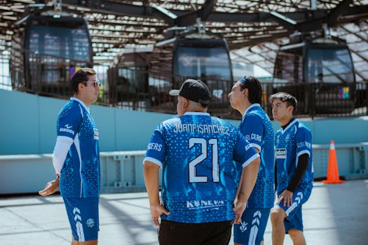 Sports team in blue jerseys discussing near Puebla Teleférico terminal.