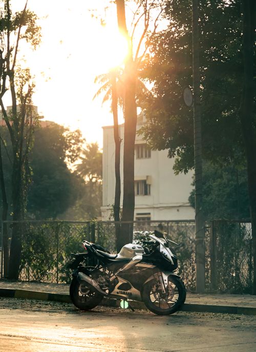 Free Motorcycle parked outdoors under trees with sunlight filtering through, capturing a serene urban scene. Stock Photo