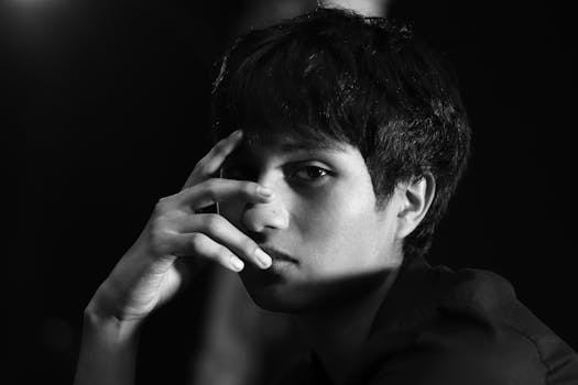A striking black and white portrait of a young man with expressive gaze and dramatic lighting.