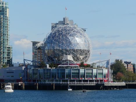 A stunning view of Science World and its geodesic dome on a clear day in Vancouver.