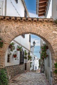 Explore the rustic beauty of an archway in Castril, Andalucía, adorned with vibrant floral decorations.