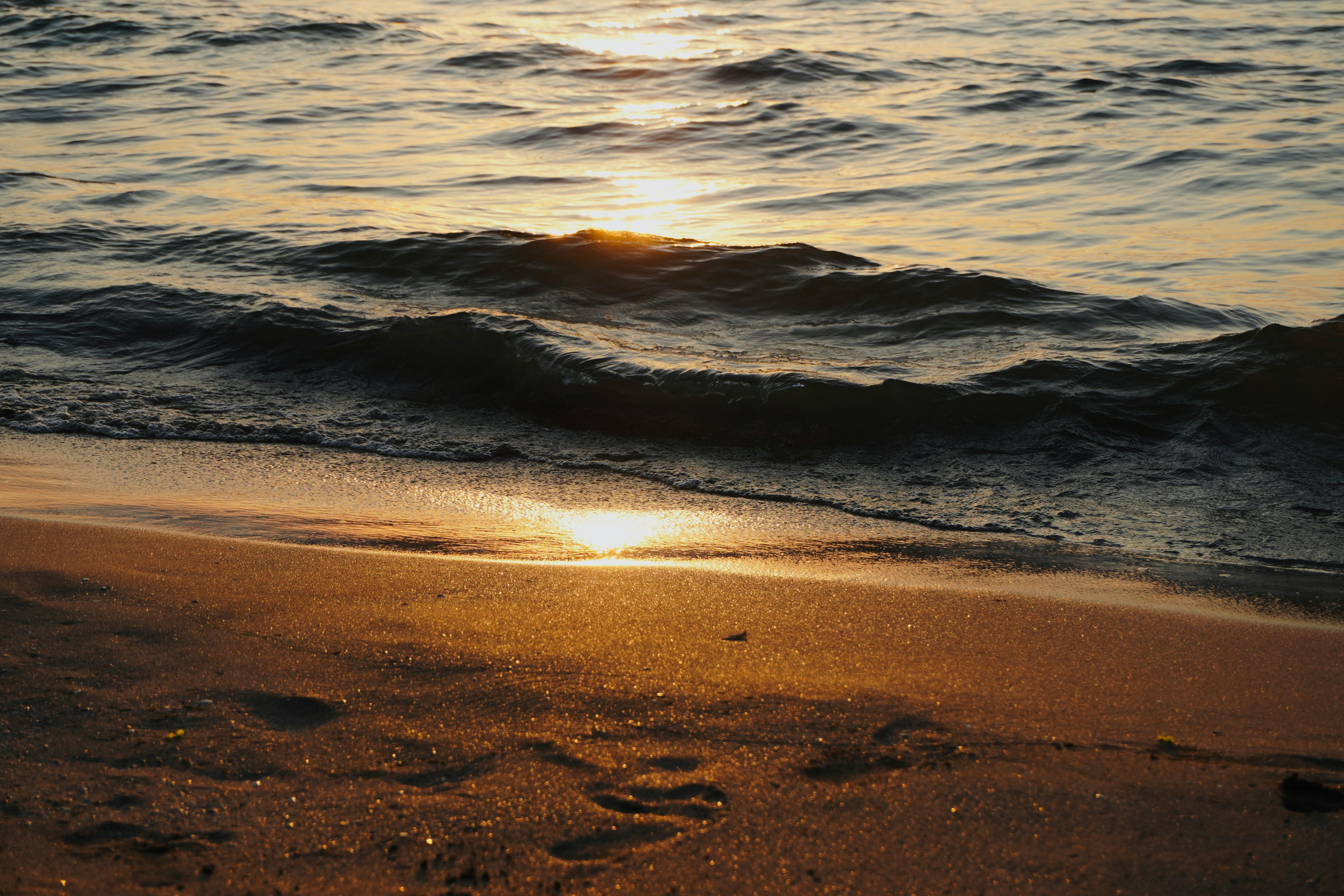 Golden sunset reflecting on gentle ocean waves and sandy beach shore, evoking tranquility.