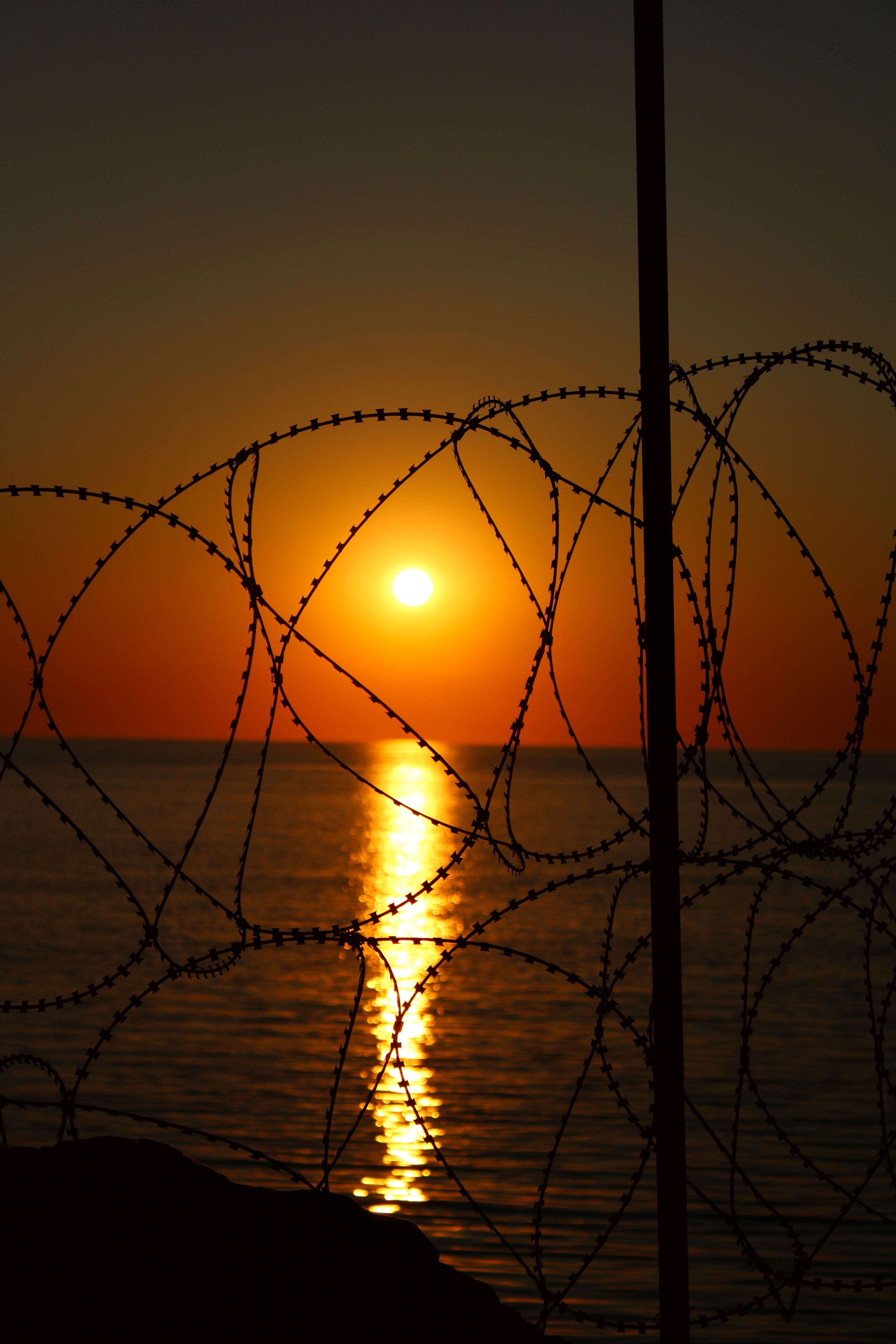 Barbed Wire Silhouette Against Sunset Over Sea · Free Stock Photo