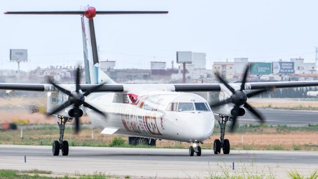 Bombardier Q400 turboprop aircraft preparing for takeoff at Manises Airport, Valencia.