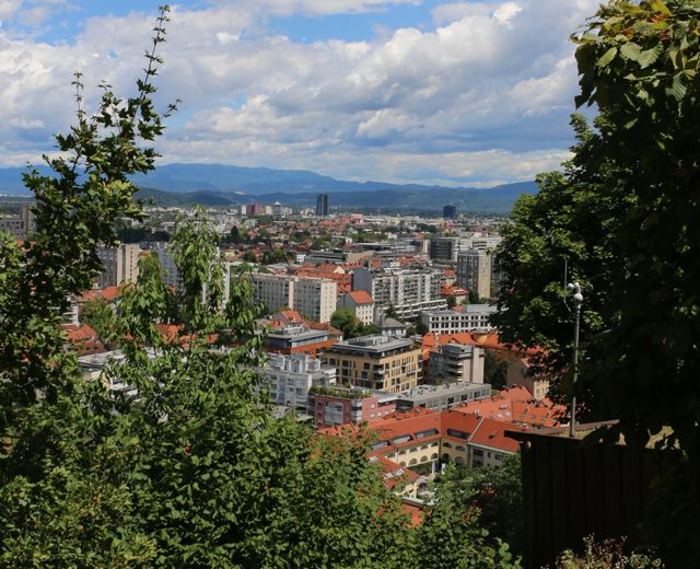 A vibrant cityscape of Ljubljana, Slovenia, framed by lush greenery and a clear sky.