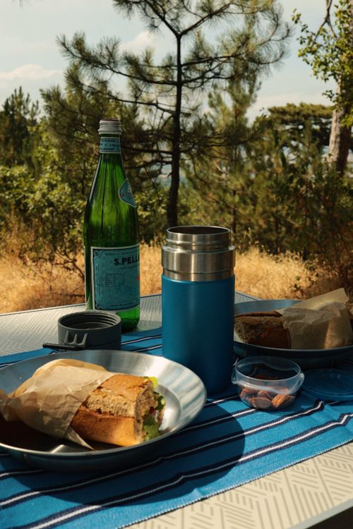 Free Relaxing picnic setup with a sandwich, thermos, and bottle in a scenic outdoor area. Stock Photo