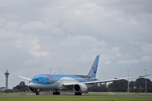 A TUI Boeing 787 Dreamliner prepares for takeoff on a cloudy day at the airport.