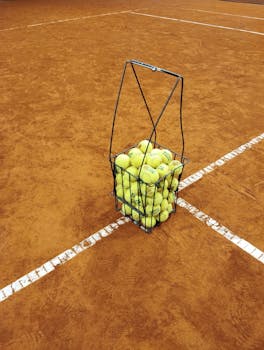 A basket filled with tennis balls placed on a clay court, highlighting the sport's equipment.
