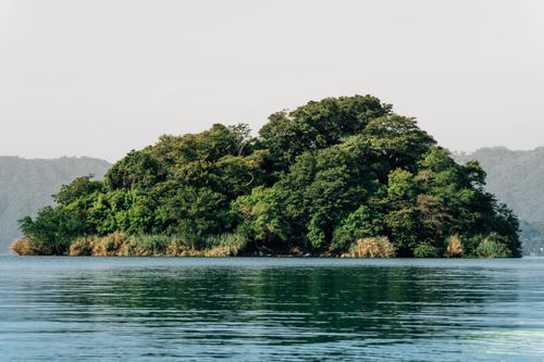 Free A serene island covered with lush trees set in a tranquil lake, capturing nature's beauty. Stock Photo