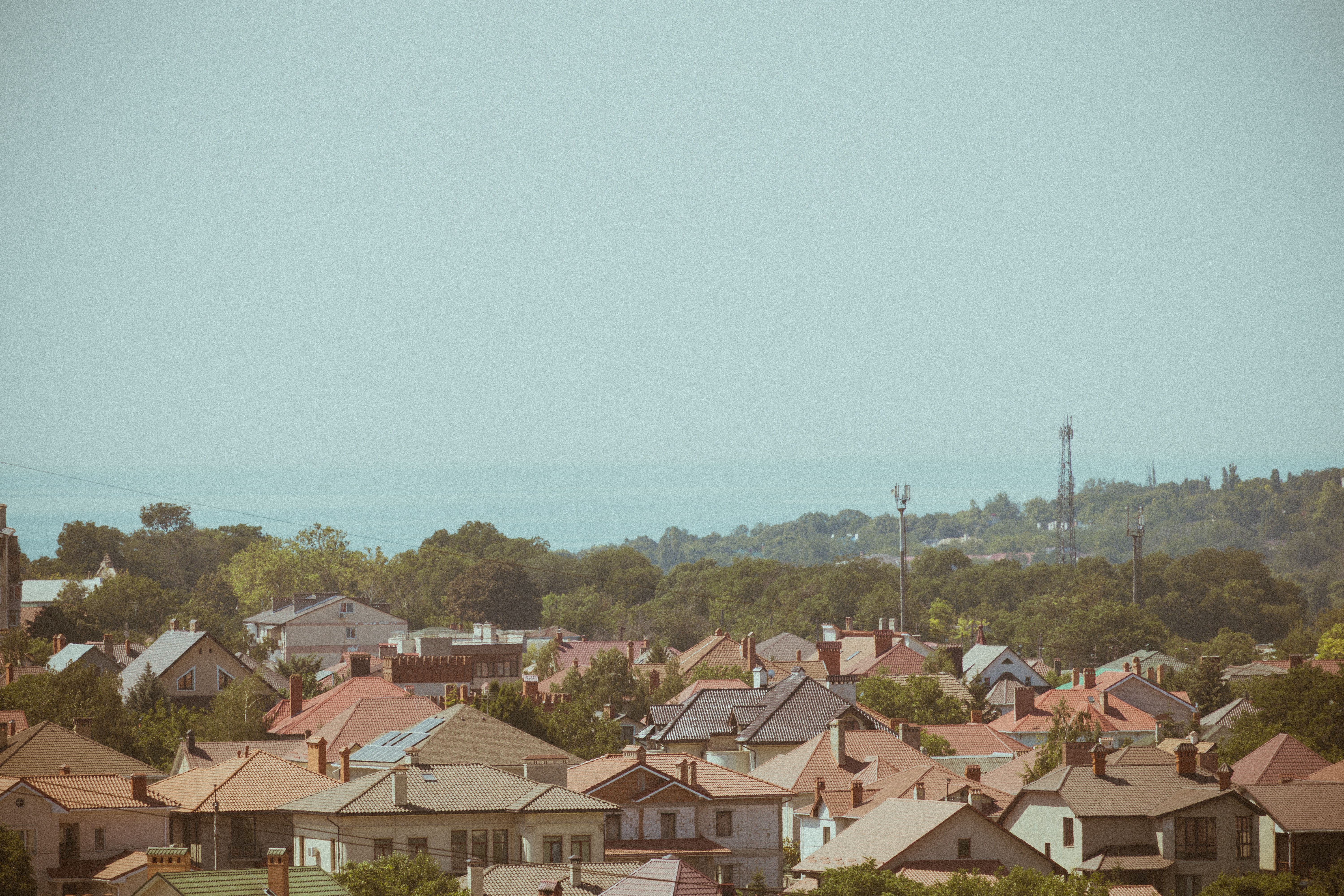 Rustic suburban rooftops overlook lush forest and distant ocean horizon.