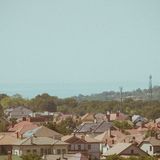 Rustic suburban rooftops overlook lush forest and distant ocean horizon.