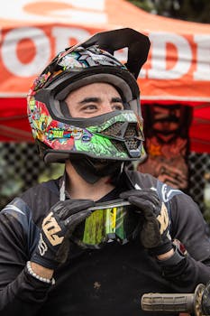 Motocross rider in vibrant helmet adjusting goggles, ready for action at La Marquesa, Mexico.