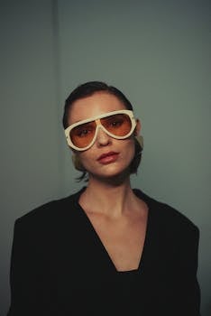 Stylish portrait of a woman wearing vintage sunglasses and a modern outfit.