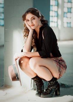 在明亮的城市环境中，一位穿着时尚服装的女子蹲着