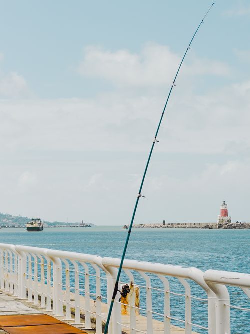 Free Serene seaside view of Recife with fishing rod and ocean backdrop. Stock Photo