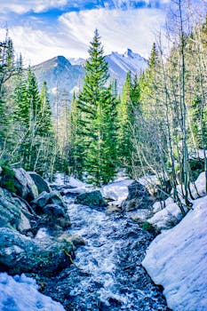 A vibrant alpine stream flowing through a snowy forest with mountain peaks in the distance.