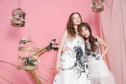 Two young women in stylish dresses with decorative cages against a pink background.