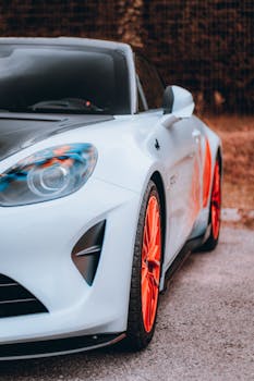 Close-up of a modern white sports car with striking red wheels on an urban street.