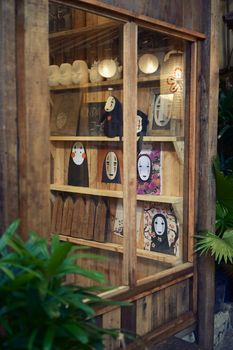 Showcase of Japanese anime items in a rustic wooden cabinet, surrounded by plants.