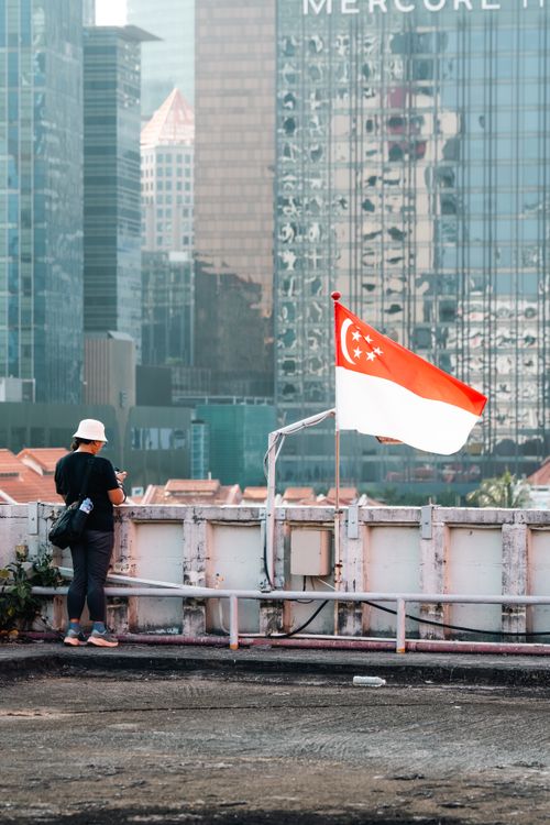 Free A person stands on a rooftop with a Singapore flag, overlooking the city's skyline. Stock Photo