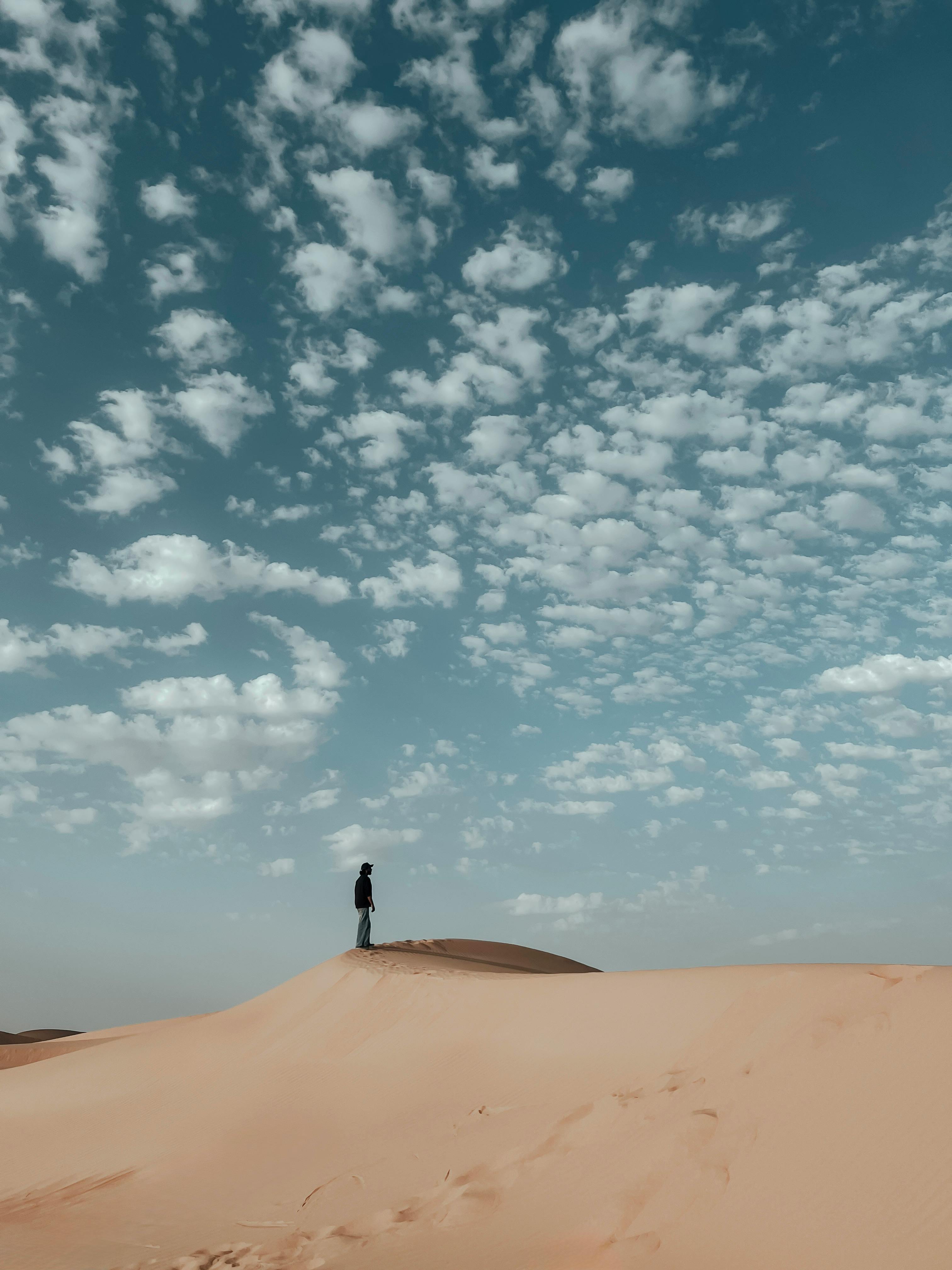 Silhouette of a person on a desert sand dune under a cloudy sky in Abu Dhabi.