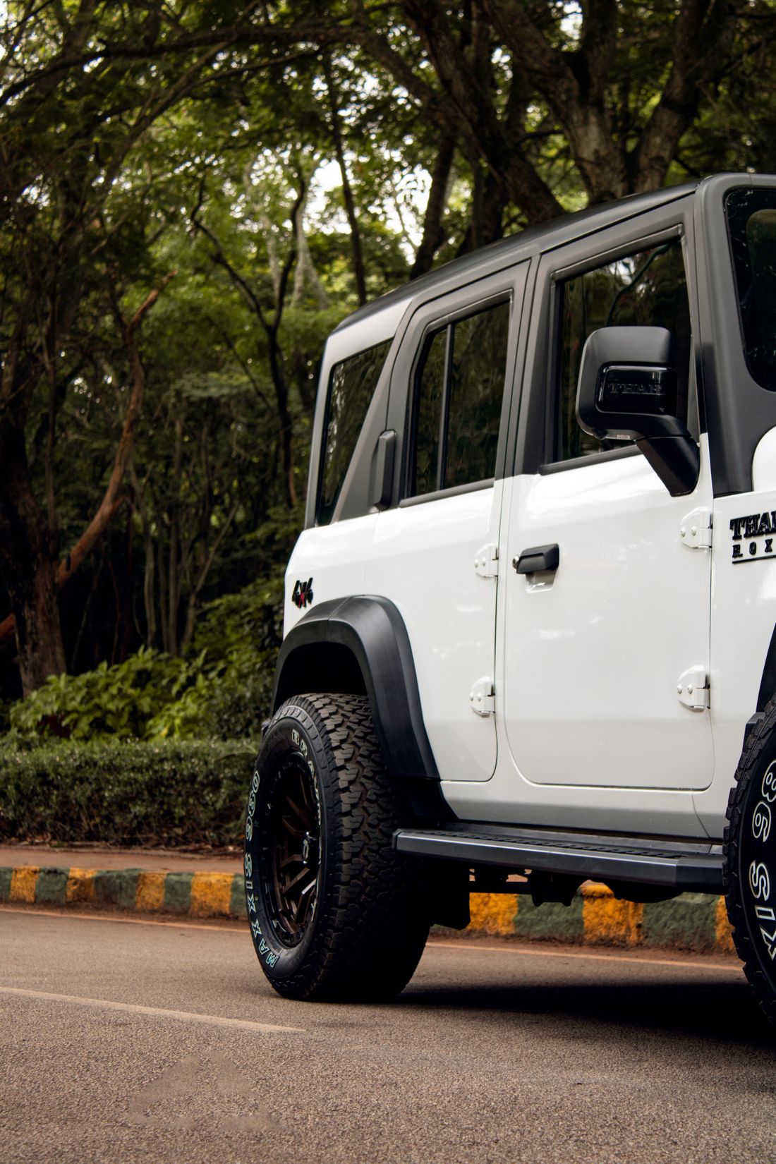 Tour vehicle on a lush green road in India