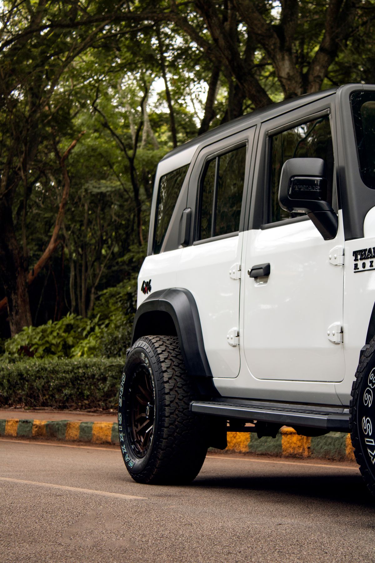 SUV parked on a green forest road in India