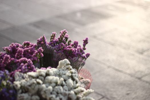 Colorful flower bouquets on a sunlit pavement, capturing a serene urban scene.