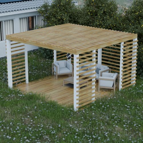 Free Wooden pergola in a lush garden setting with comfortable seating, ideal for outdoor relaxation. Stock Photo