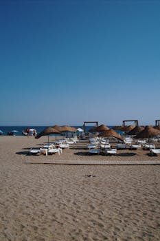 A scenic summer beach with straw umbrellas and loungers under a clear blue sky.