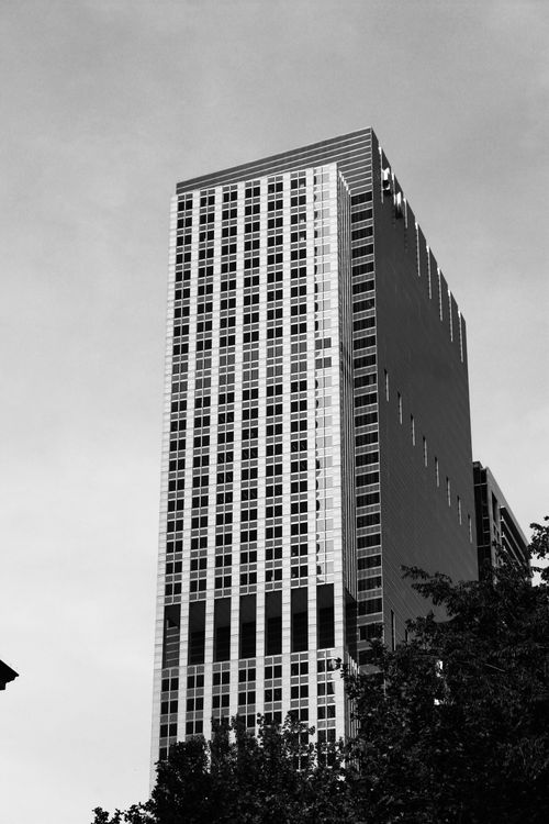 Free Black and white photo of a modern skyscraper against a neutral sky, offering an urban perspective. Stock Photo