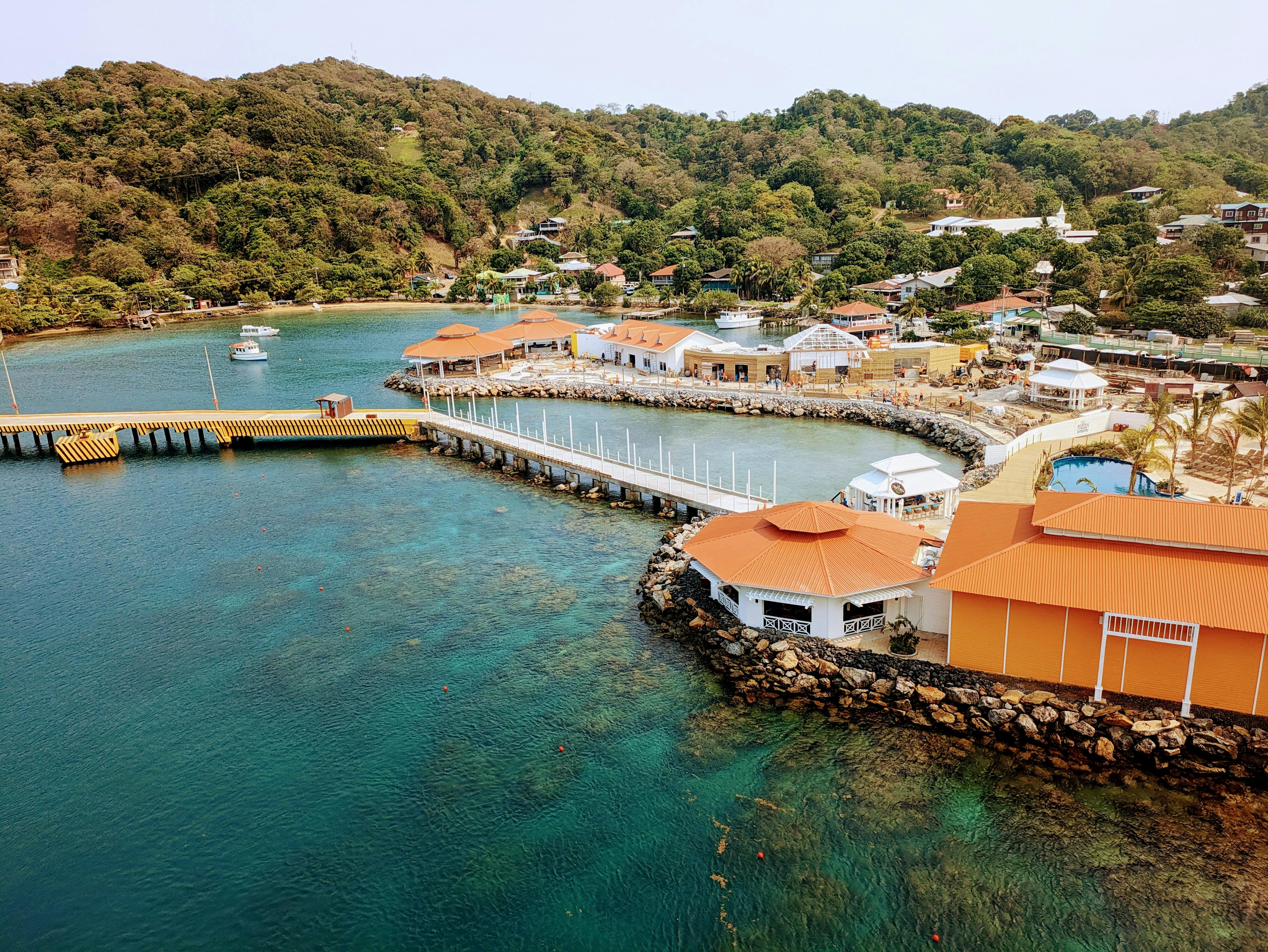 Stunning aerial view of dock and coastline in Coxen Hole, Bay Islands, Honduras.