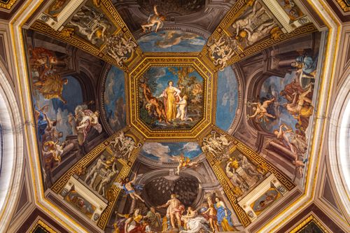 Free Intricate ceiling frescoes depicting classical scenes from the Vatican Museums, Italy. Stock Photo