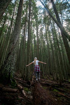 Back View of a Woman Walking on a Log in the Forest with the Quote "Stop being tormented by everyone else's reaction to you." written on it and have average color value #3B3E34