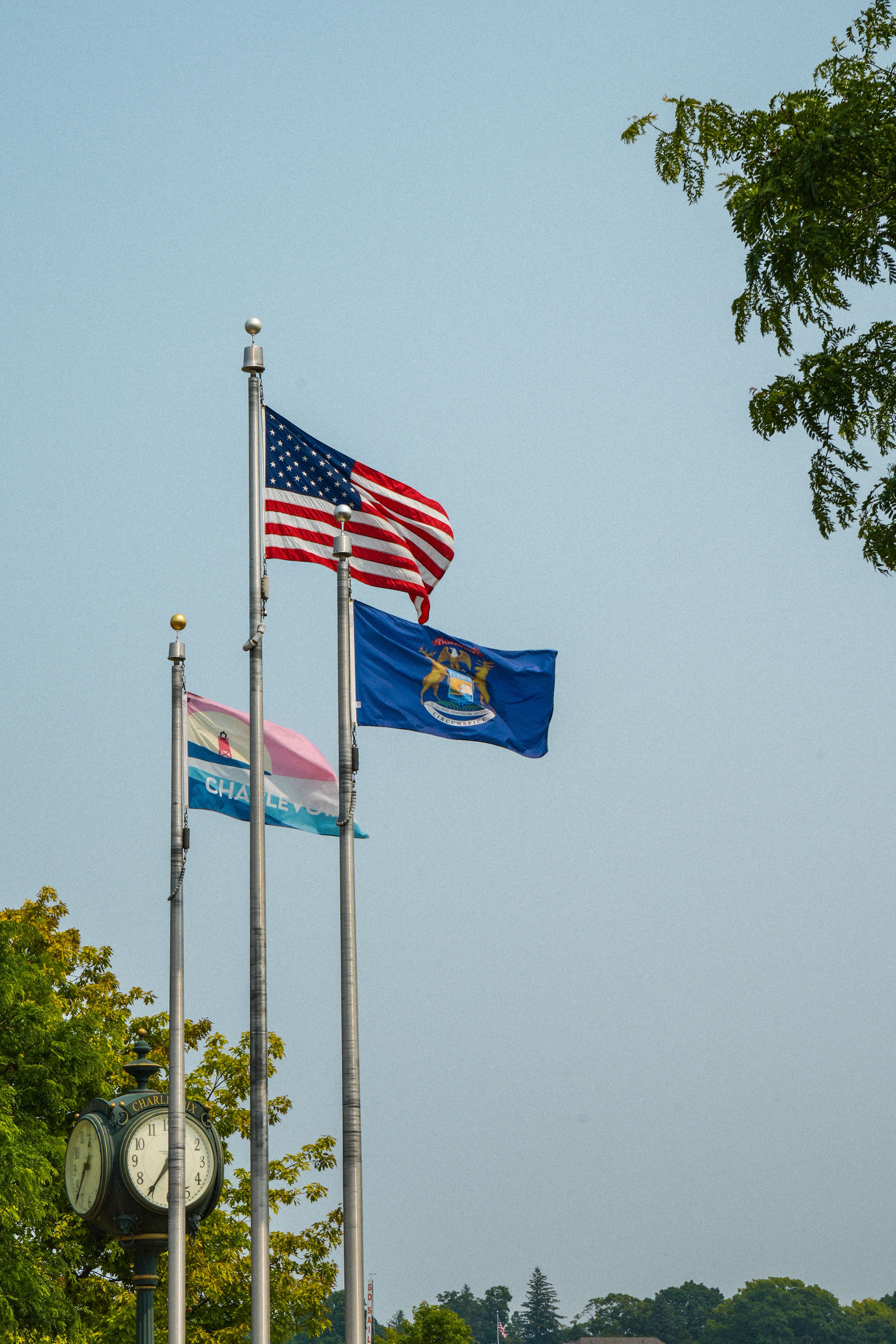 Flags including US, Michigan, and Pride flags in Charlevoix on a sunny day.