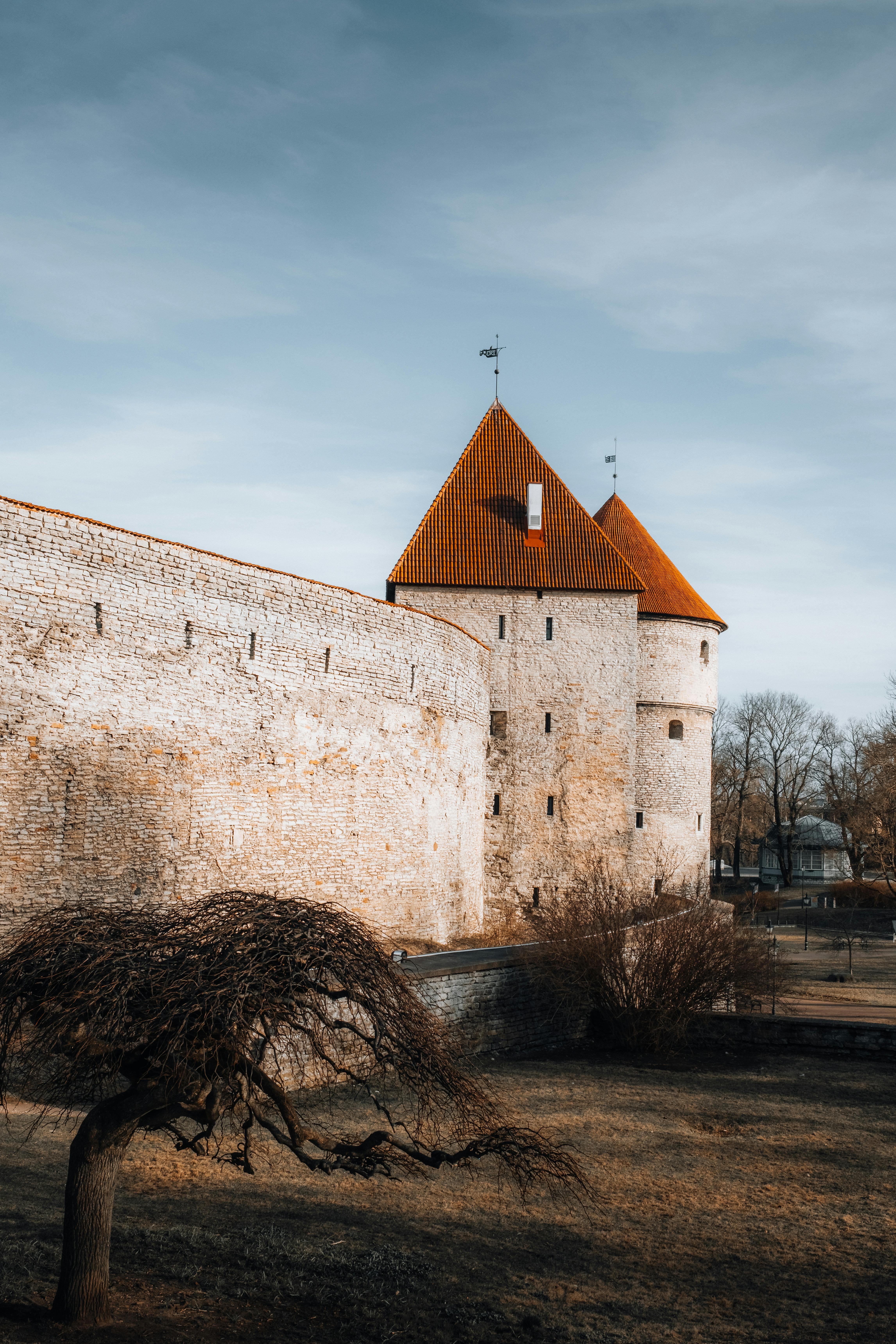 Historic stone walls of Tallinn's medieval castle with orange rooftops under a calm sky.