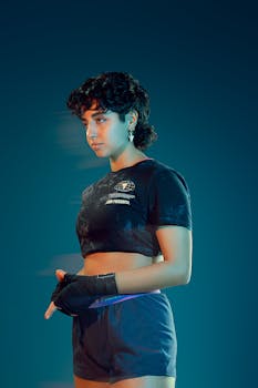 A young woman in gym wear poses confidently, showcasing strength and fitness.