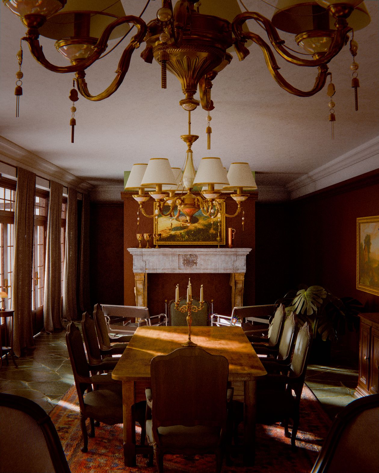 Elegant dining room with chandeliers and eight upholstered chairs by a fireplace