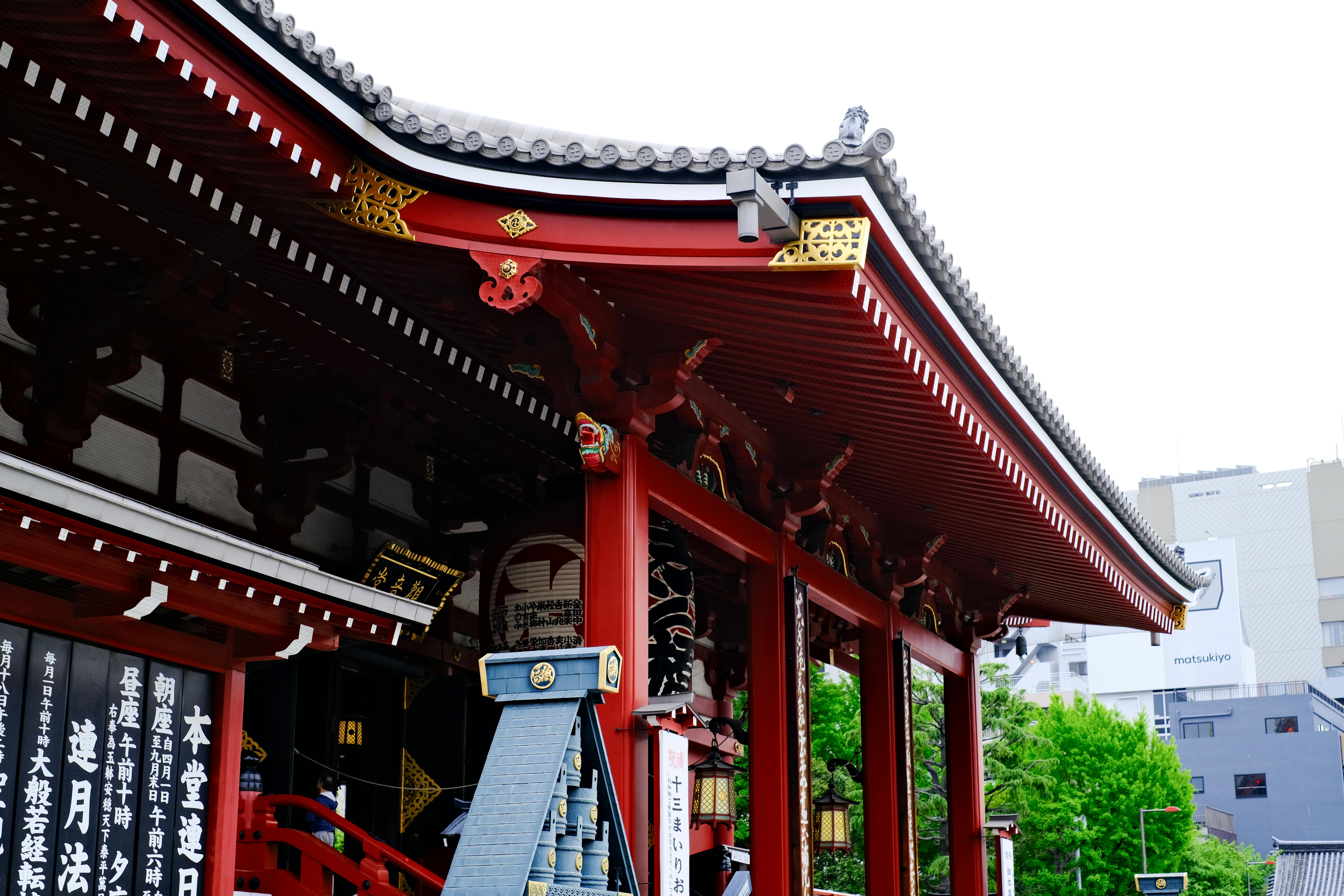 detailed view of the vibrant red architecture of senso-ji temple in tokyo, japan.