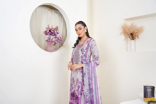 A fashion model poses indoors wearing a traditional printed dress with floral decor.