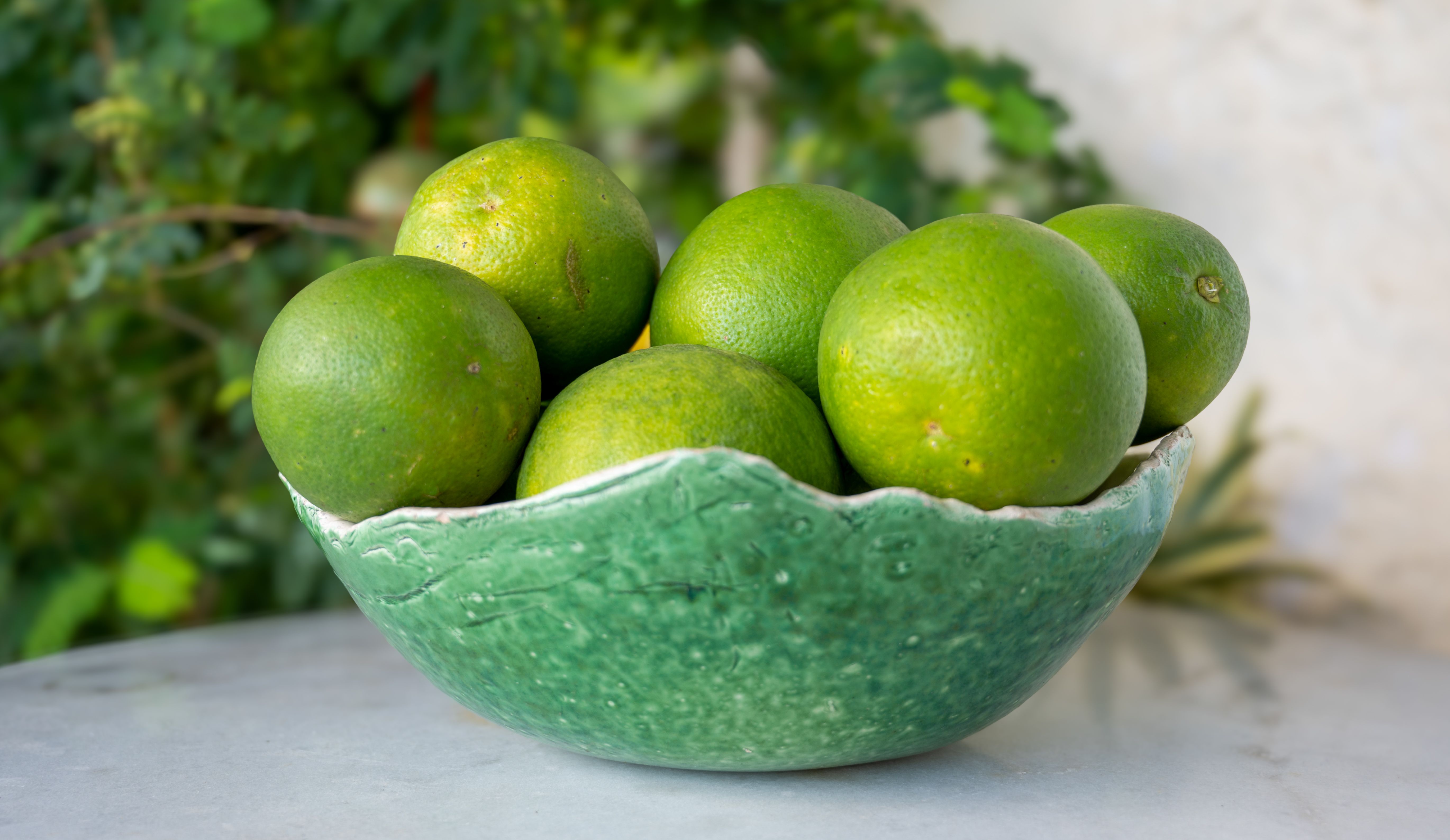 A vibrant display of fresh green limes in a textured ceramic bowl against a lush outdoor backdrop.