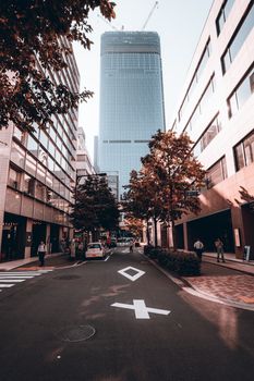 A bustling Tokyo street with a modern skyscraper, reflecting urban life.
