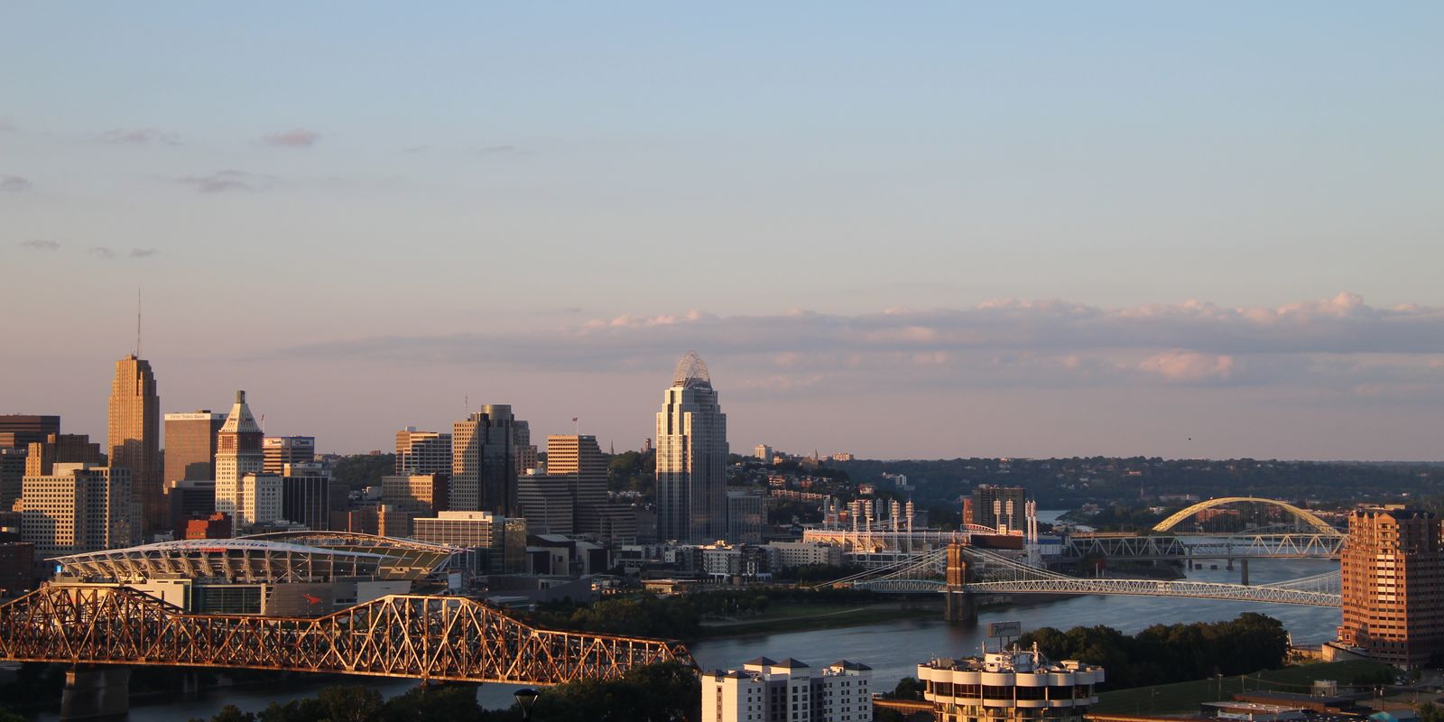 A river city skyline with bridges at dusk